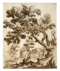 Landschaft mit Baum und Mühle, frühe 1600er Jahre